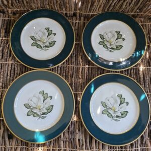 4 Vintage 1950s Arcadian Windsor Magnolia Floral Bread Plates Green New York USA